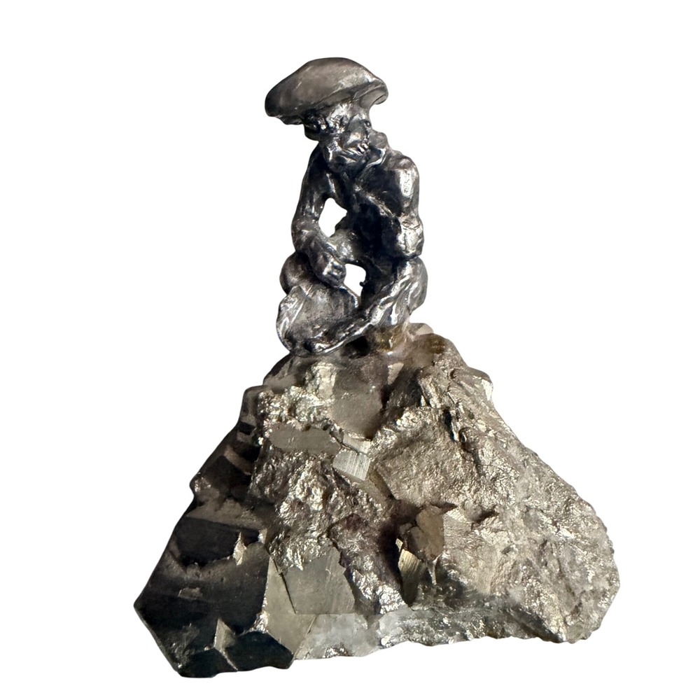 Vintage Pewter Gold Prospector Miner Figurine on Raw Pyrite Fools Gold Base
